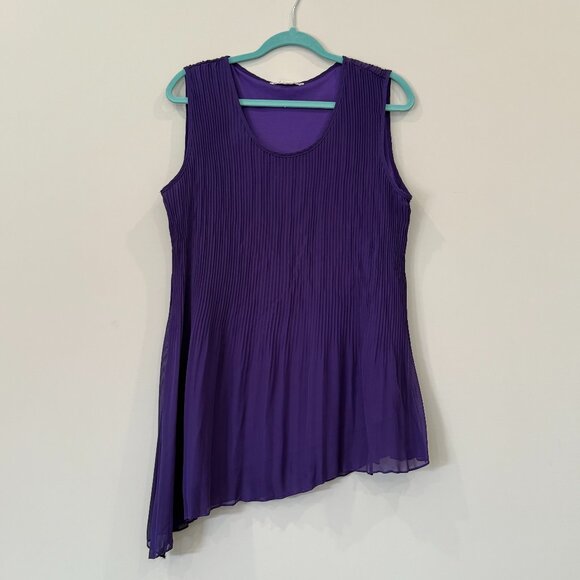 Cleo Pleated Asymmetrical Sleeveless Round Neck Top Purple Large - Picture 1 of 6